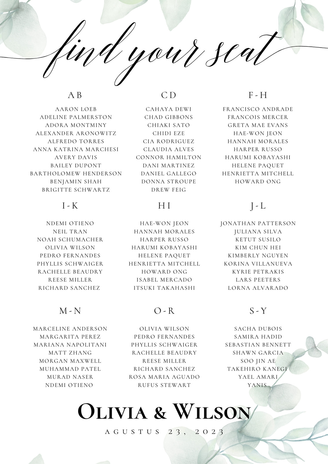 Green and White Watercolor Plant Wedding Seating Chart Green and White Watercolor Plant Wedding Seating Chart