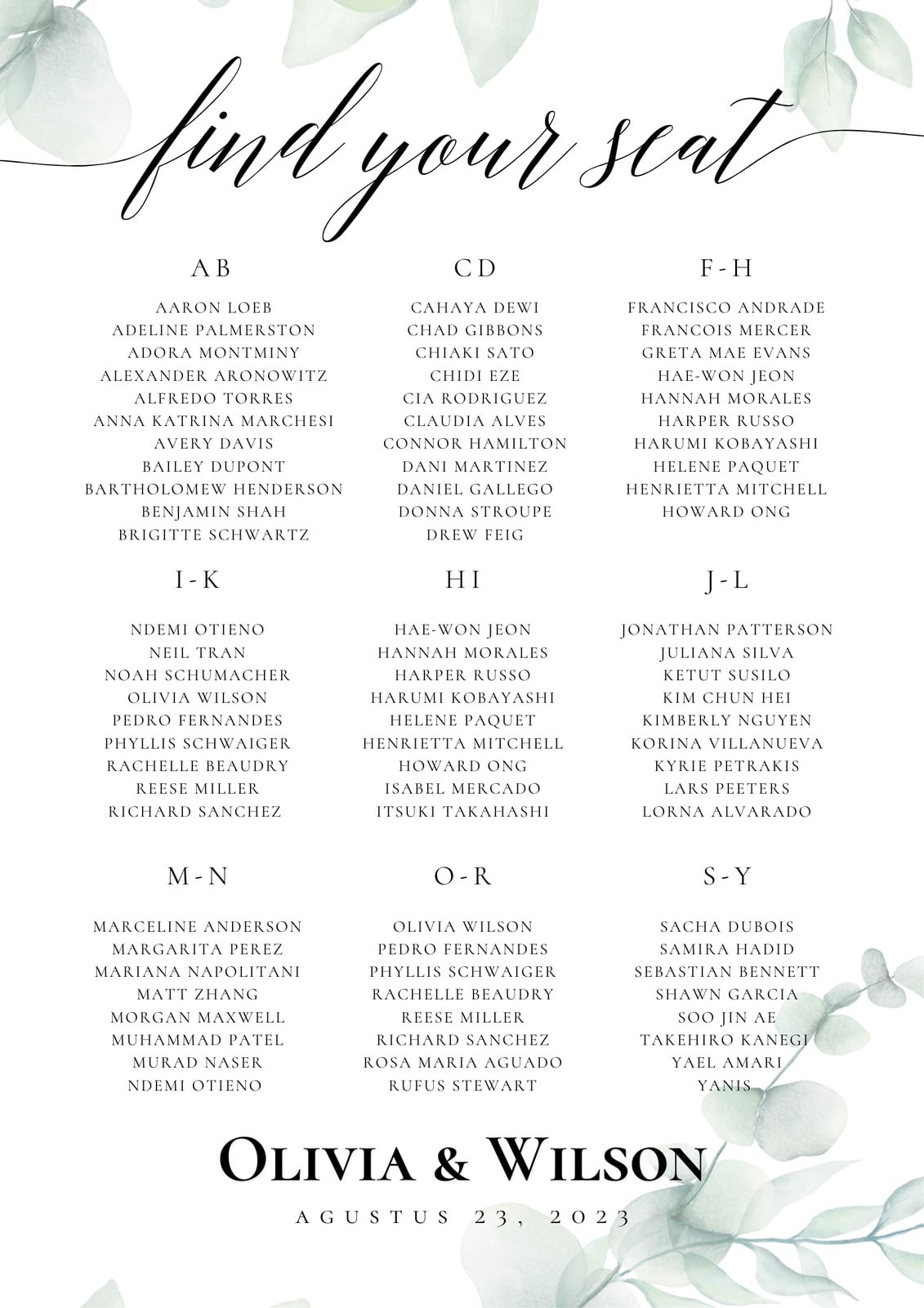 Green and White Watercolor Plant Wedding Seating Chart Green and White Watercolor Plant Wedding Seating Chart
