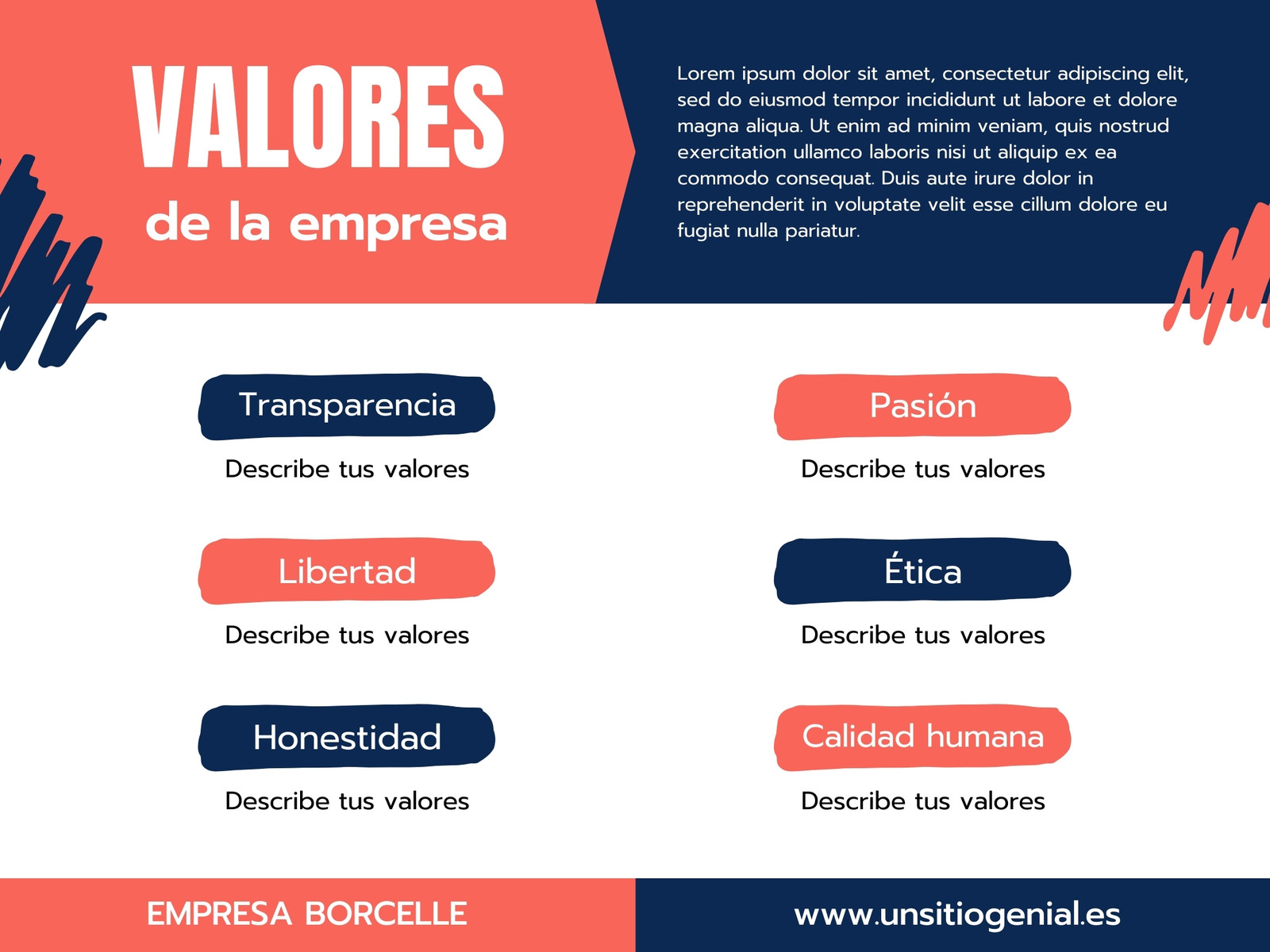 Gráfico Valores de empresa geométrico azul y coral