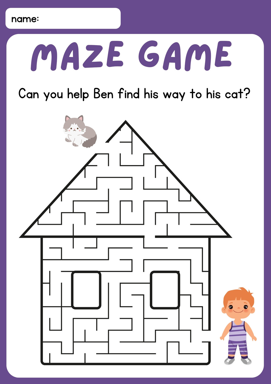 Purple Colorful Maze Game for Kindergarten Worksheet