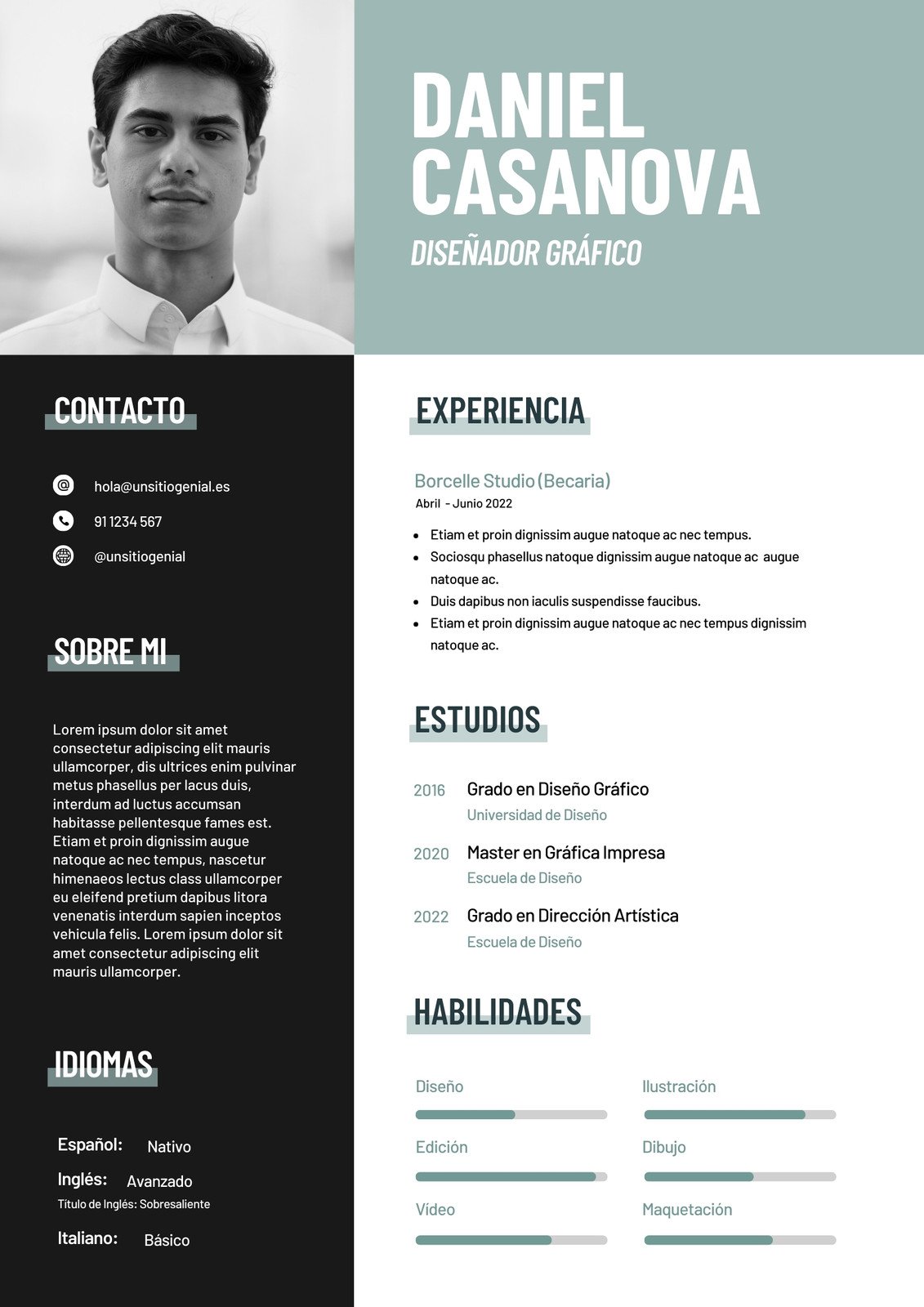 Currículum CV Profesional Moderno Formal Personalizable Foto Azul Turquesa