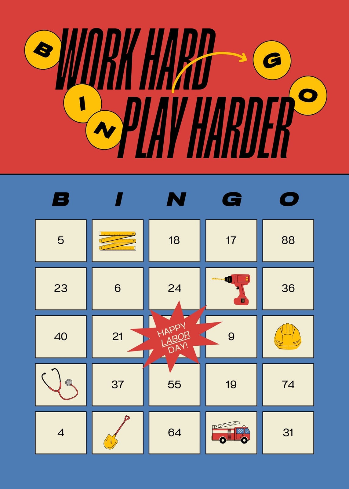 Blue Red Yellow Personal Bold Type Labor Day Bingo Card Blue Red Yellow Personal Bold Type Labor Day Bingo Card