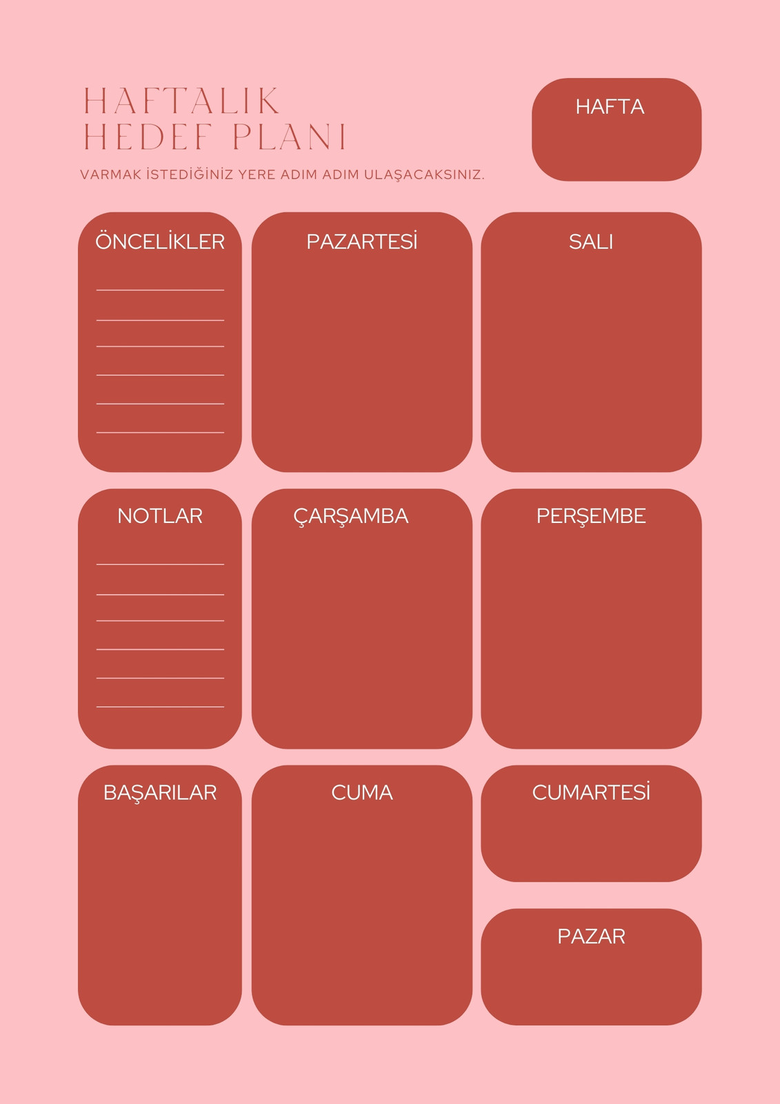 Kırmızı Pembe Basit Sade Haftalık Tarihsiz Hedef Planı