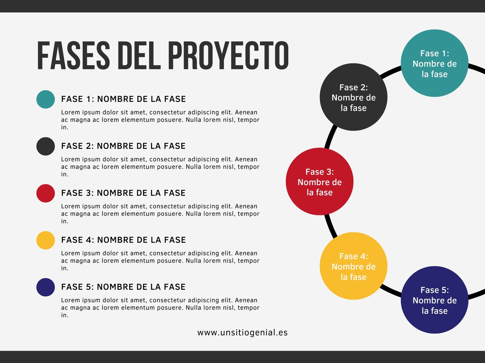 Gráfico Diagrama Circular de Fases del Proyecto Corporativo Moderno y Profesional Multicolor Blanco Negro Azul Rojo y Amarillo