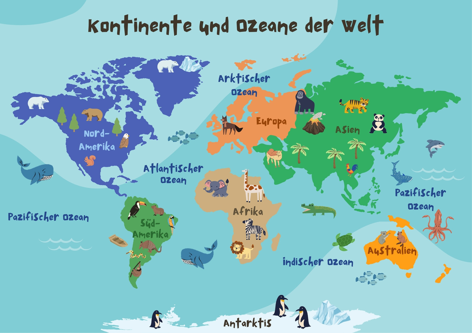 Blau Grün Organisch Handgezeichnet Kontinente und Ozeane Poster im Querformat Blau Grün Organisch Handgezeichnet Kontinente und Ozeane Poster im Querformat