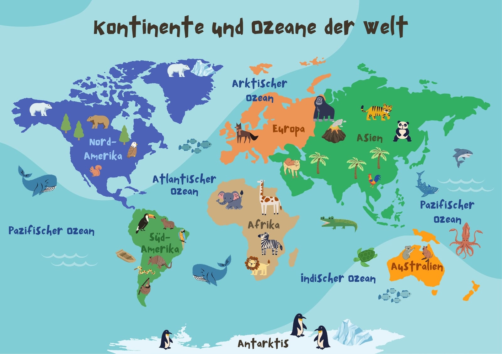 Blau Grün Organisch Handgezeichnet Kontinente und Ozeane Poster im Querformat Blau Grün Organisch Handgezeichnet Kontinente und Ozeane Poster im Querformat