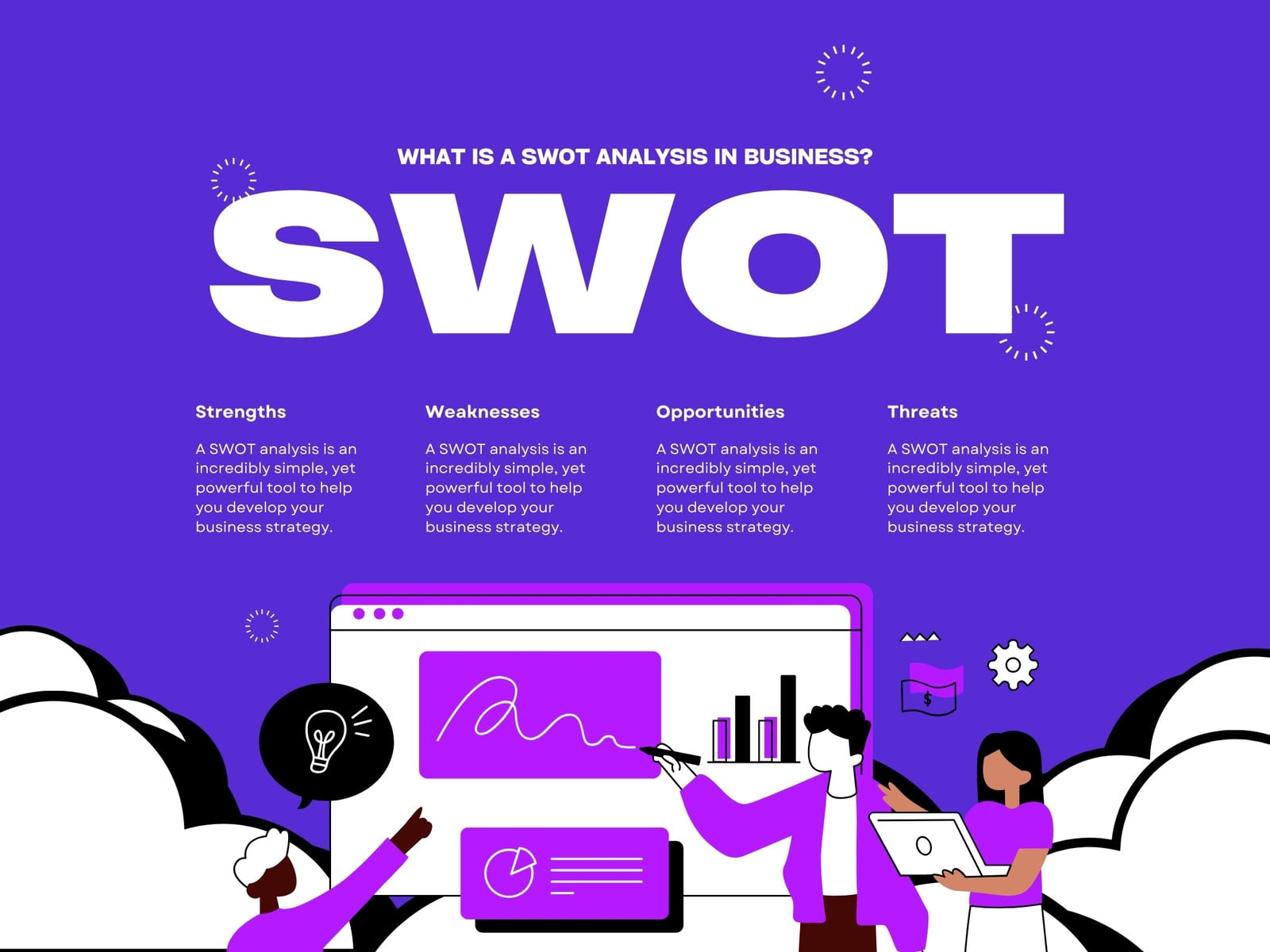 Purple and White Modern Illustrative SWOT Analysis Design
