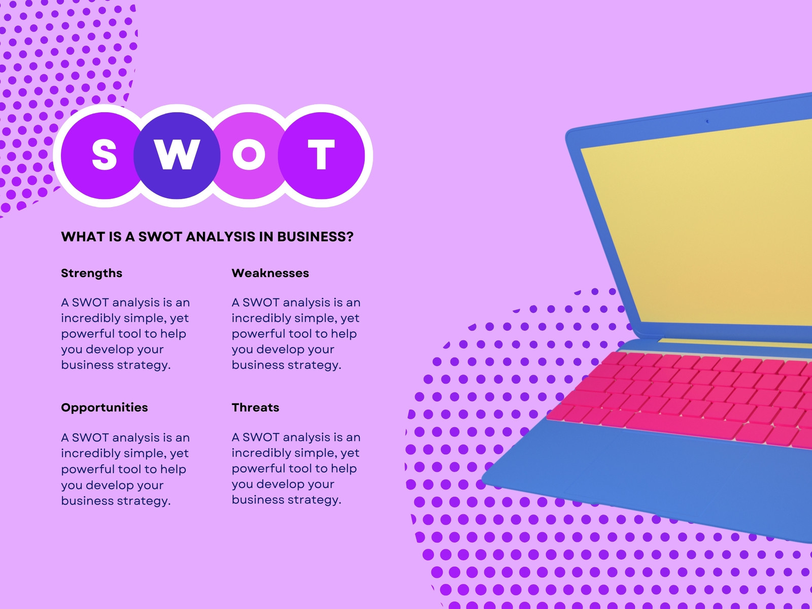 Purple with Halftone Shape Bold with 3D Illustration SWOT Graph