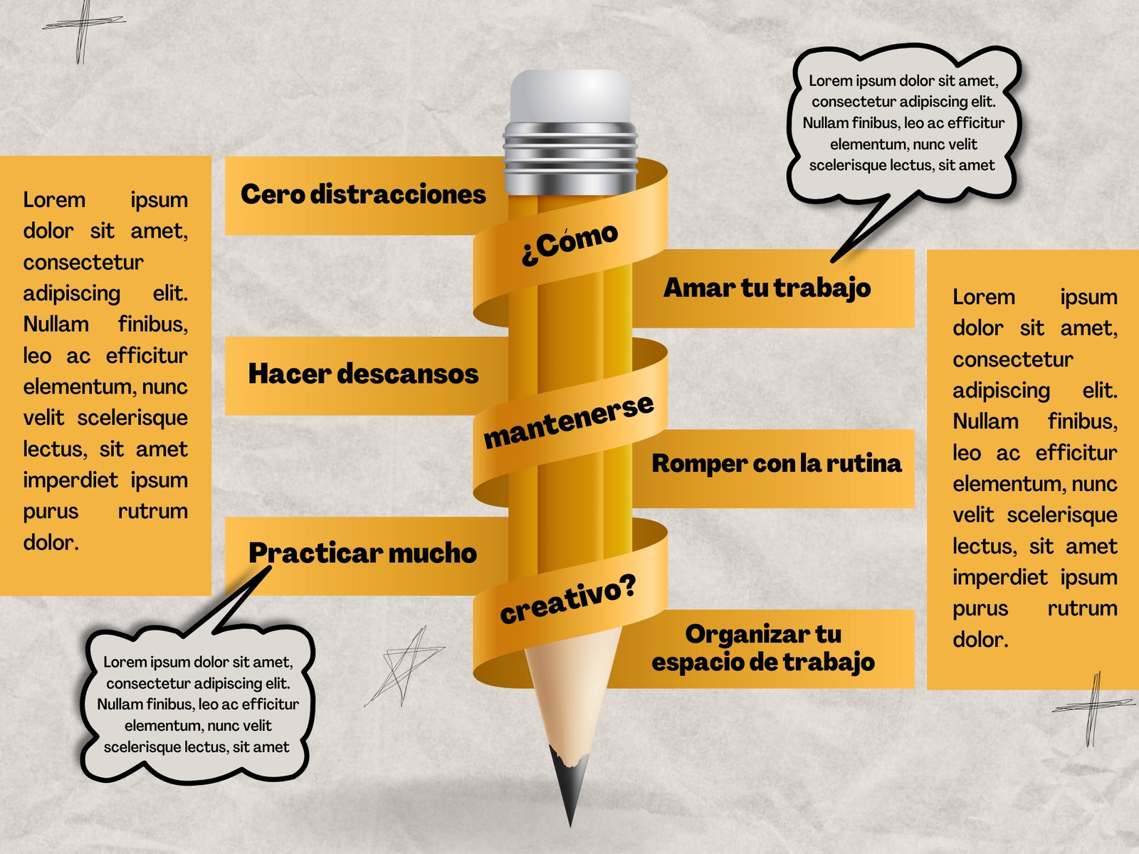 Grafico tips para mantenerse creativo moderno amarillo beige negro plateado