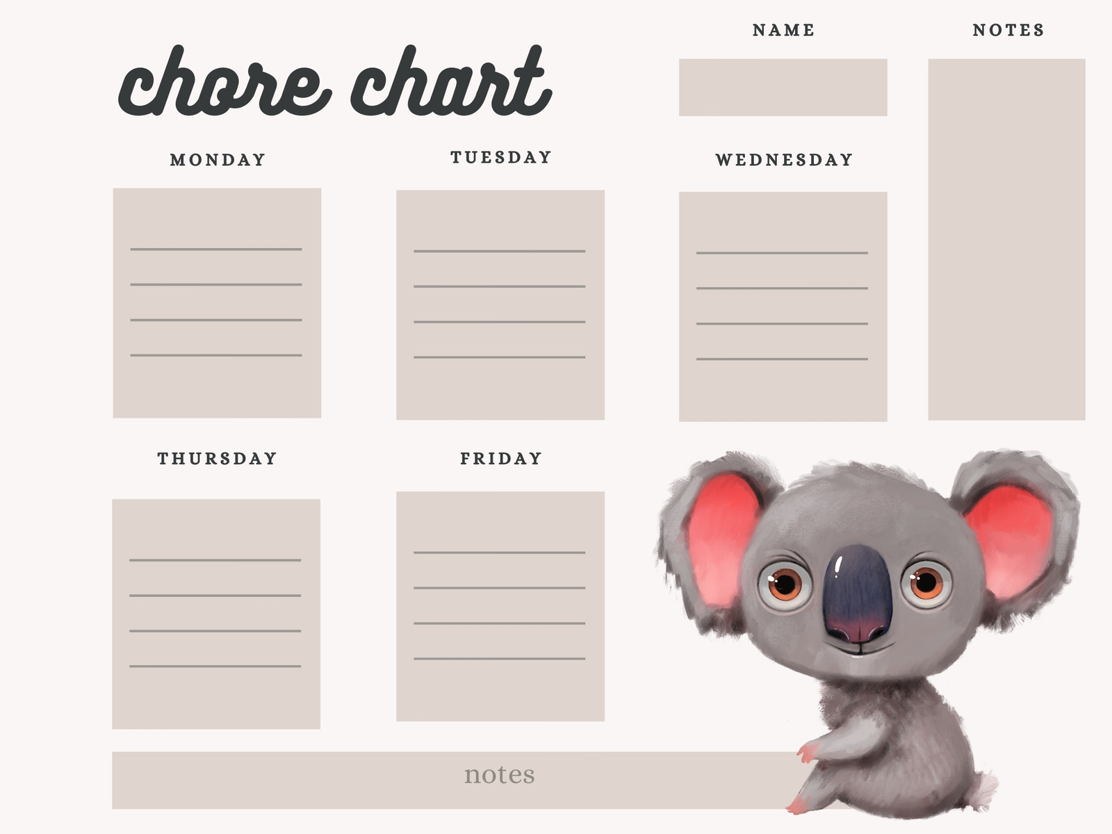 Cartoon koala childish minimalist chore chart
