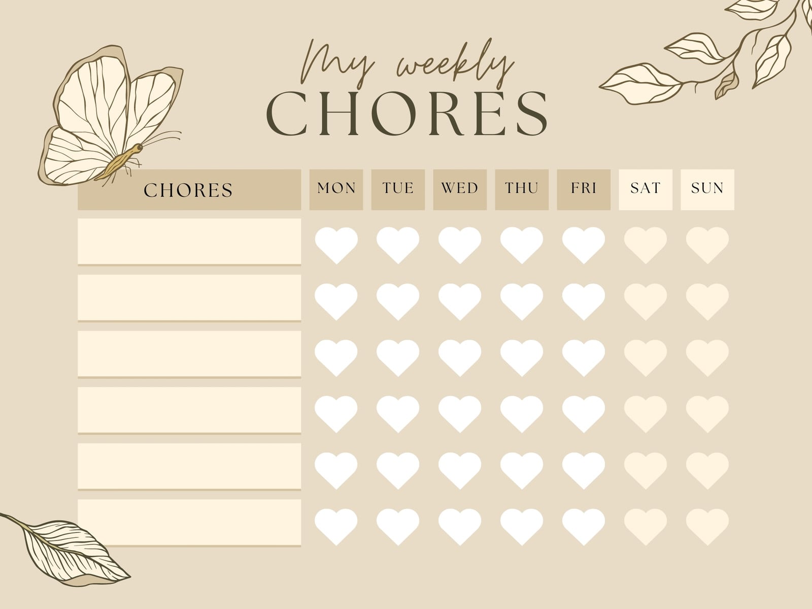 Beige Elegant Modern Weekly Chore Chart