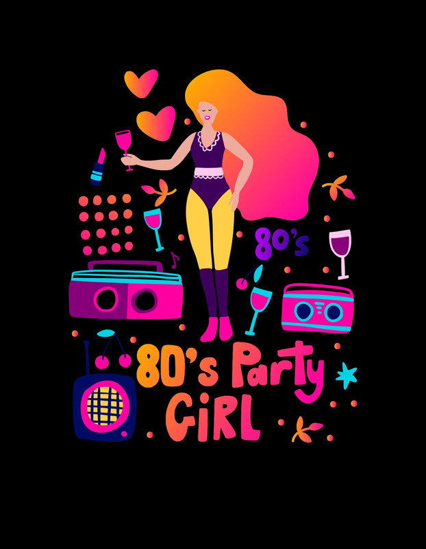 Colorful Illustration Retro Girl Party Lifestyle and Hobbies T-Shirt Canva template, black and gradient