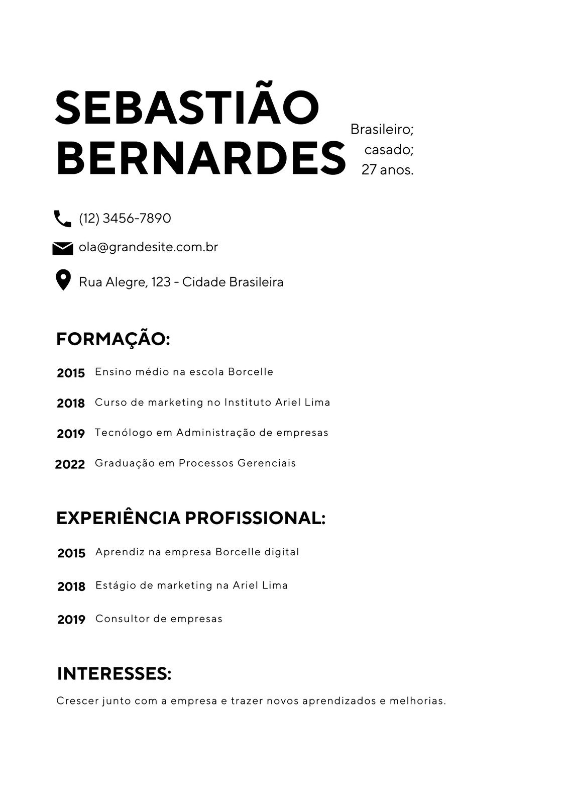 Currículo preto e branco simples e minimalista