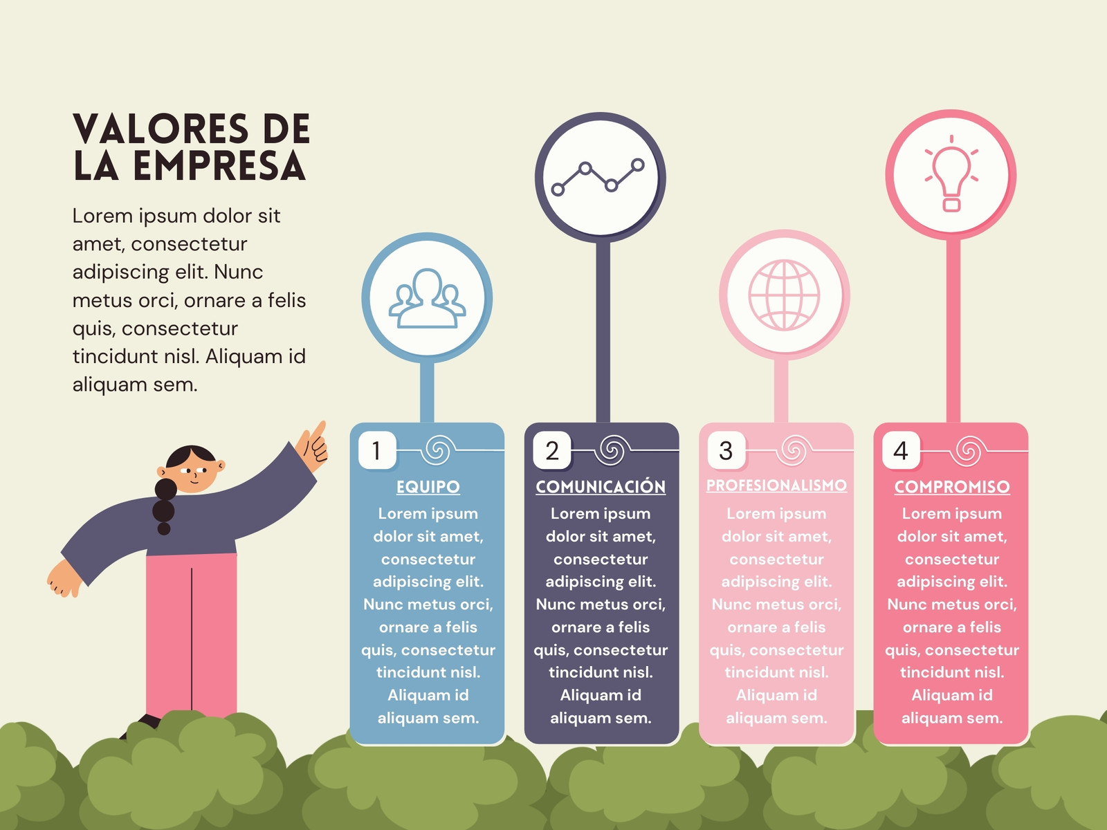 Grafico valores de la empresa ilustrativo rosa morado azul verde