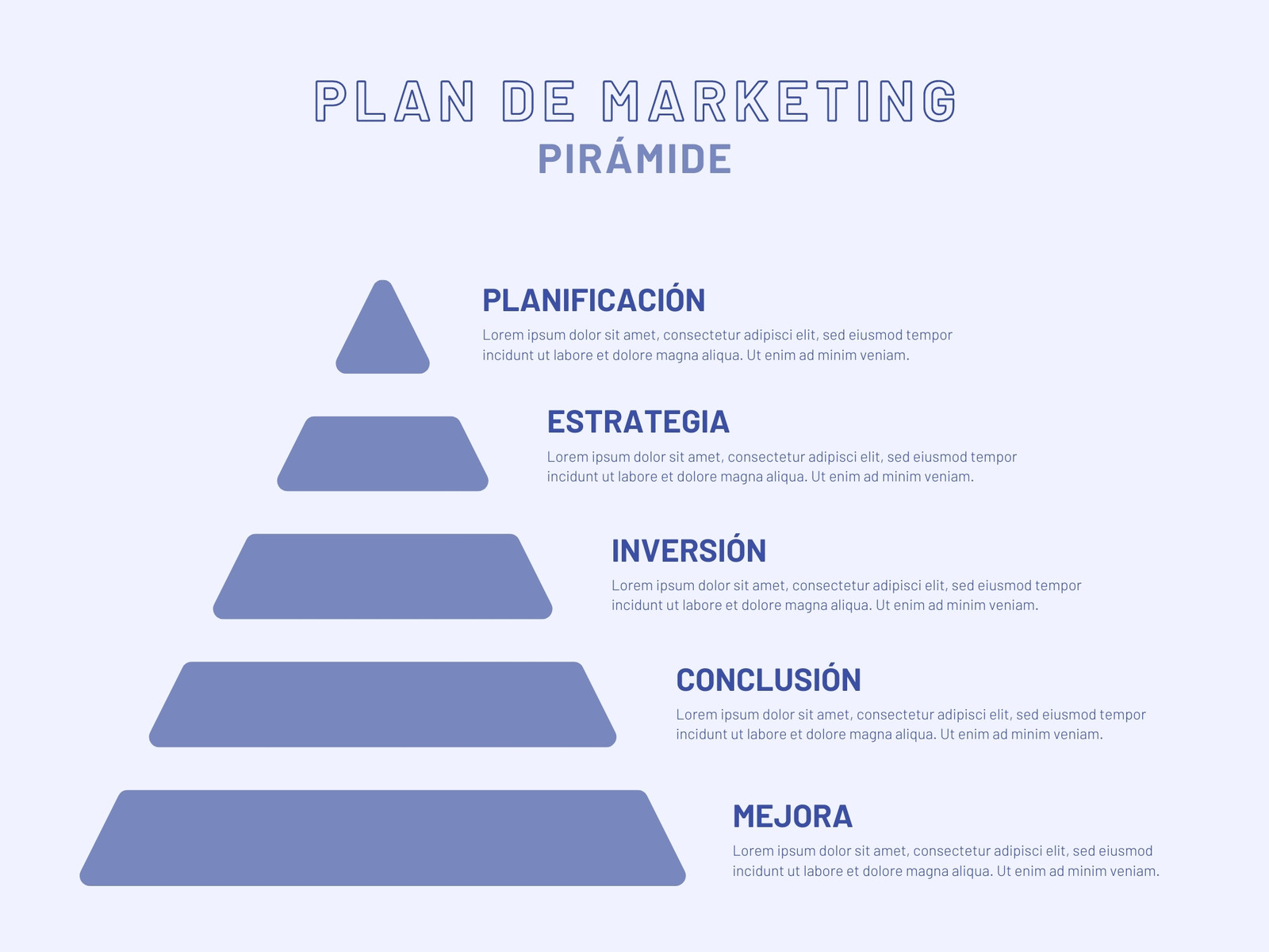 Gráfica Pirámide Plan de Marketing Jerarquía datos trabajo negocio sencillo simple clásico azul