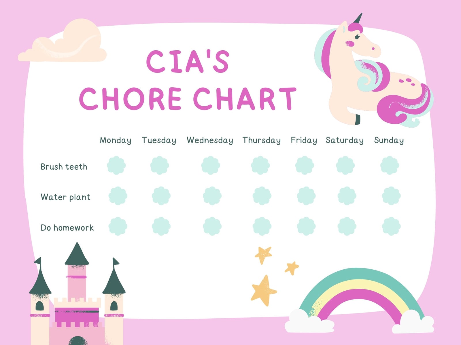 Pink Illustrated Unicorn Kid Chore Chart