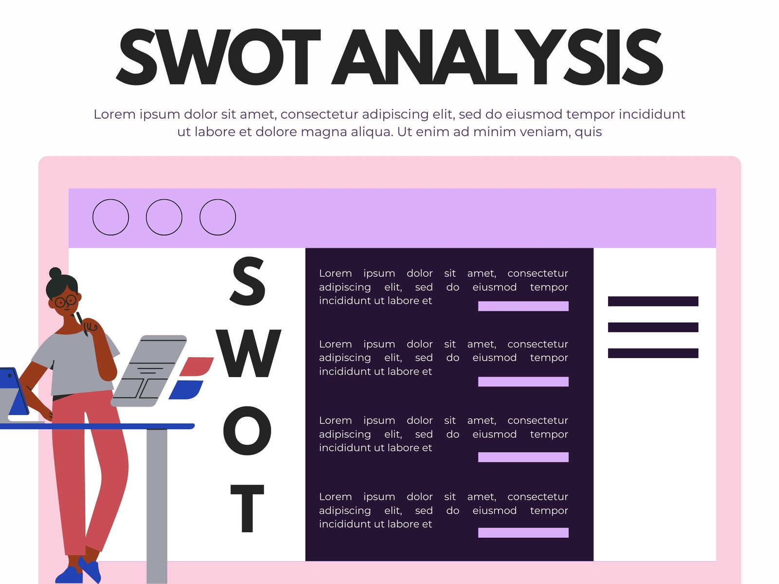 White and Purple Illustrated SWOT Analysis Graph