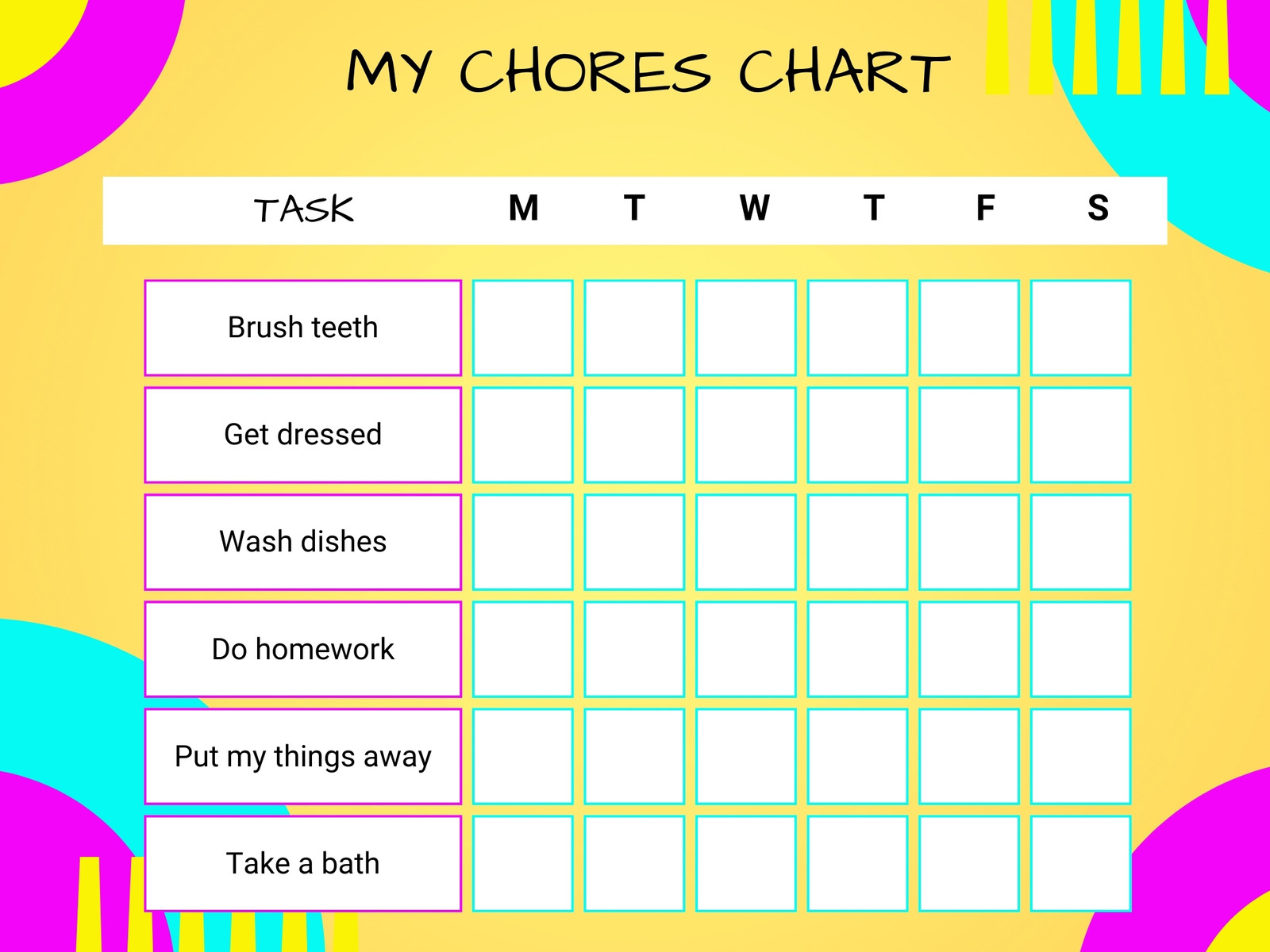 Turquoise Yellow Geometric Daily Chore Chart