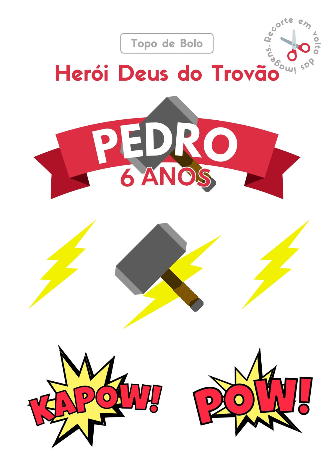 Topo de Bolo Tema de Herói Deus do Trovão para Impressão A4