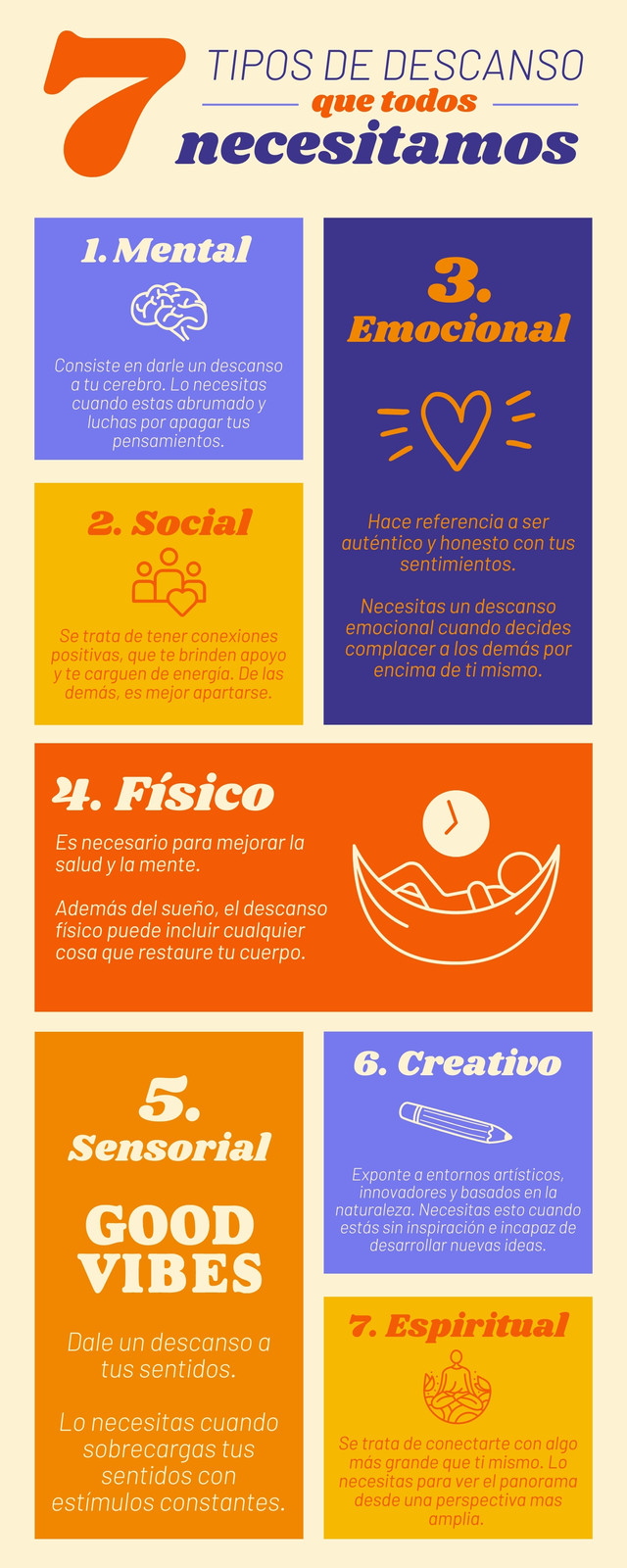 Infografía 7 tipos de descanso que todos necesitamos colorido con iconos