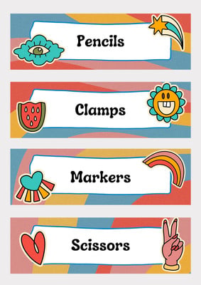 Cute Retro Tote Tray Label Canva template, yellow, red and blue