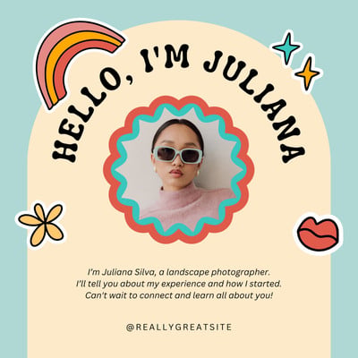 Colorful Retro Playful About Me Introduction Instagram Post Canva template, blue