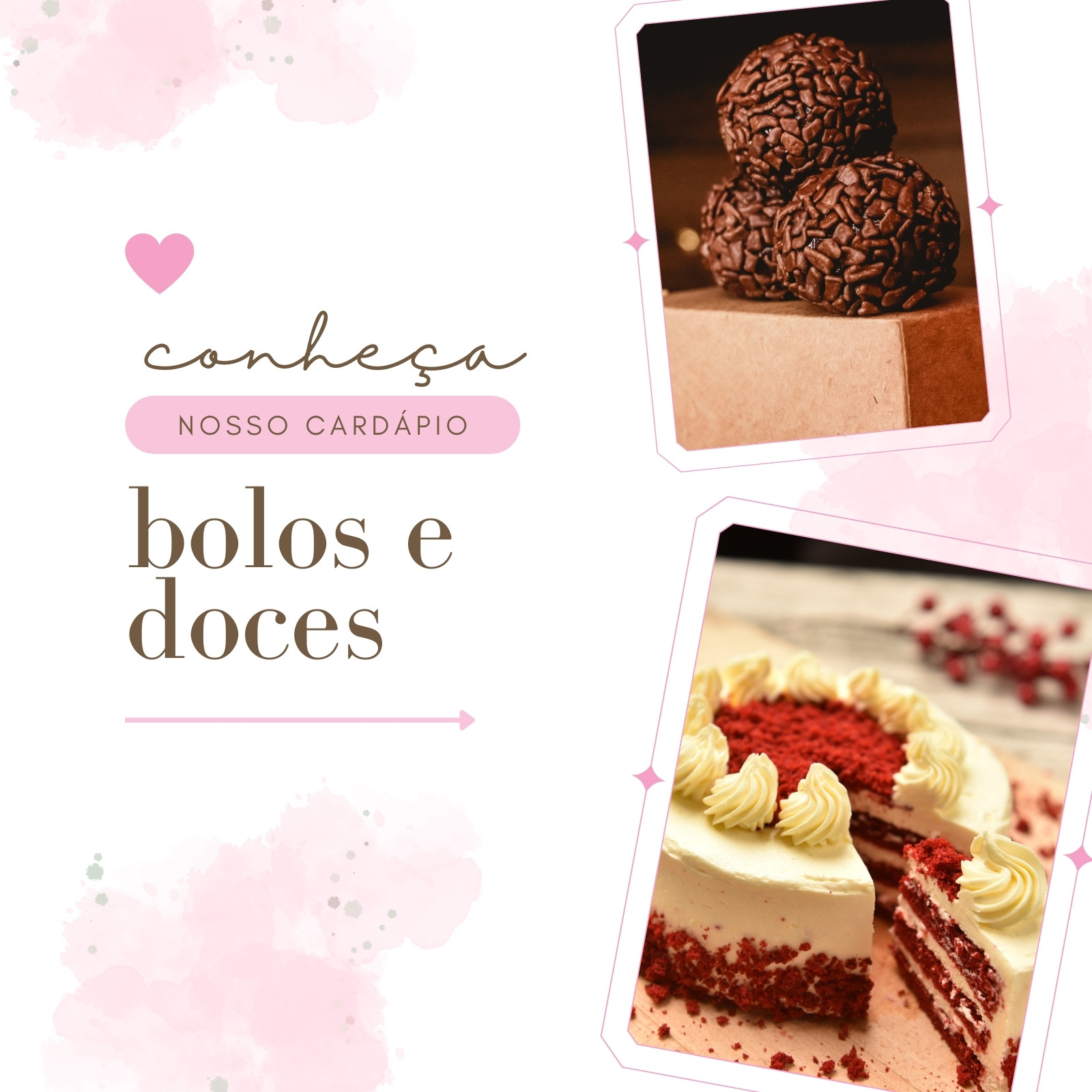 Post para instagram cardápio de bolos e doces rosa e branco