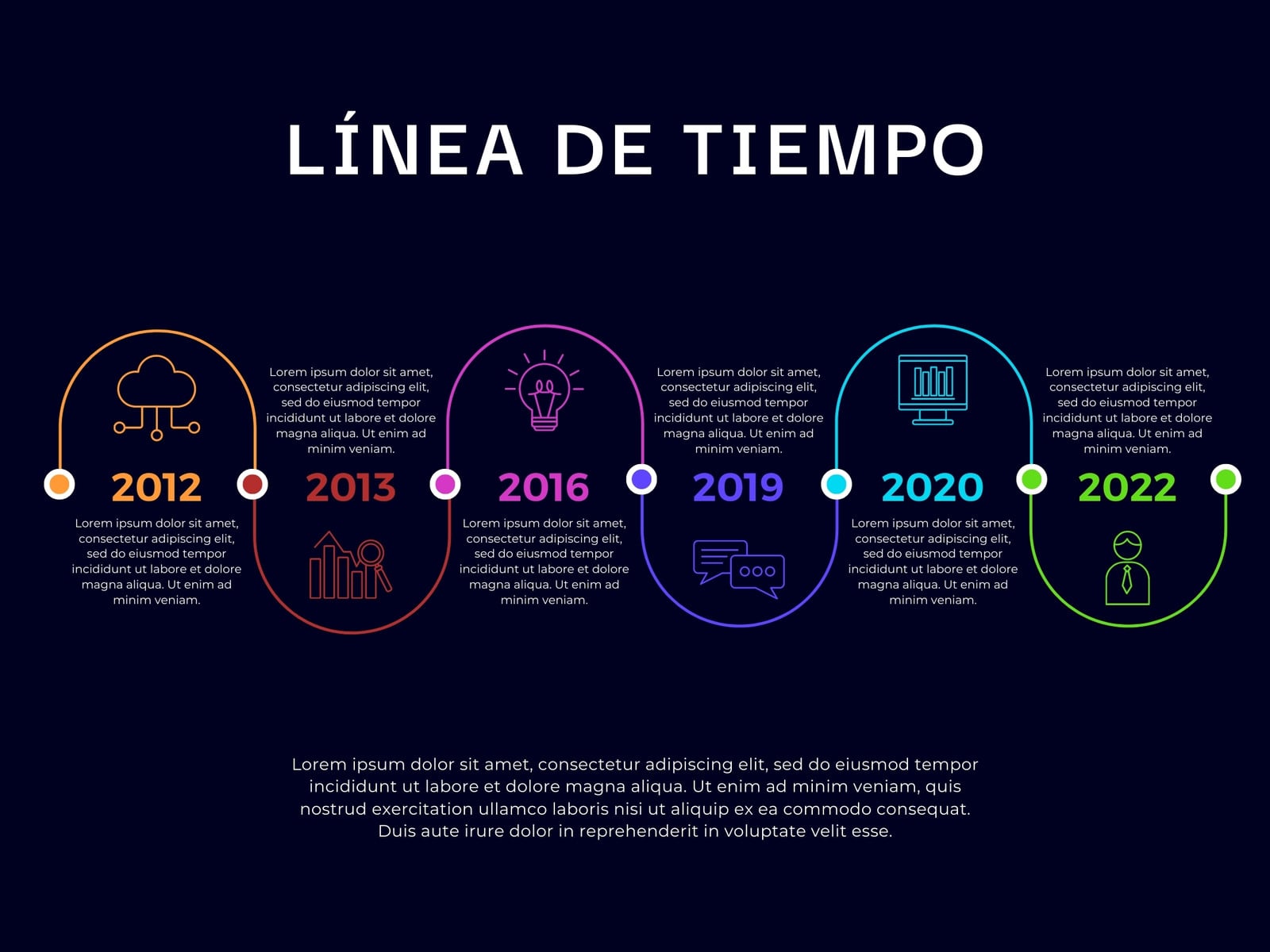 Gráfico de Línea de Tiempo con Iconos y Años Oscuro Multicolor
