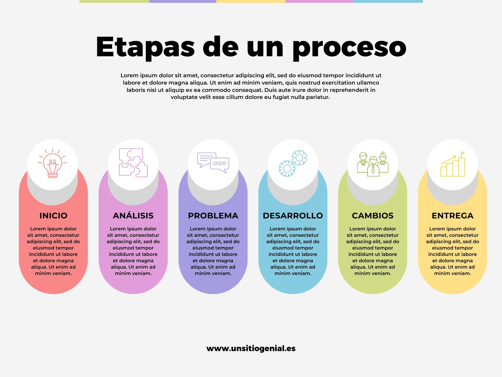 Gráfico de Etapas de un Proceso con Iconos Moderno y Creativo Multicolor