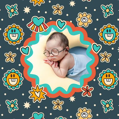 Colorful Cute Photo Kids Square Pillow Canva template, blue and red
