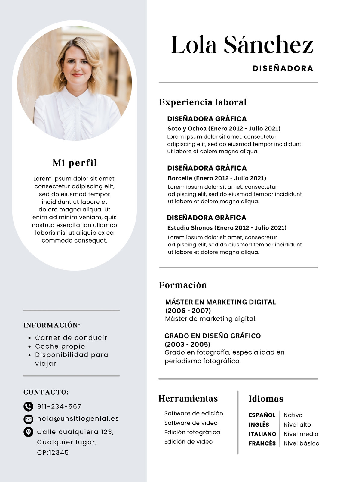 Currículum CV Diseñadora Minimalista Gris y Blanco