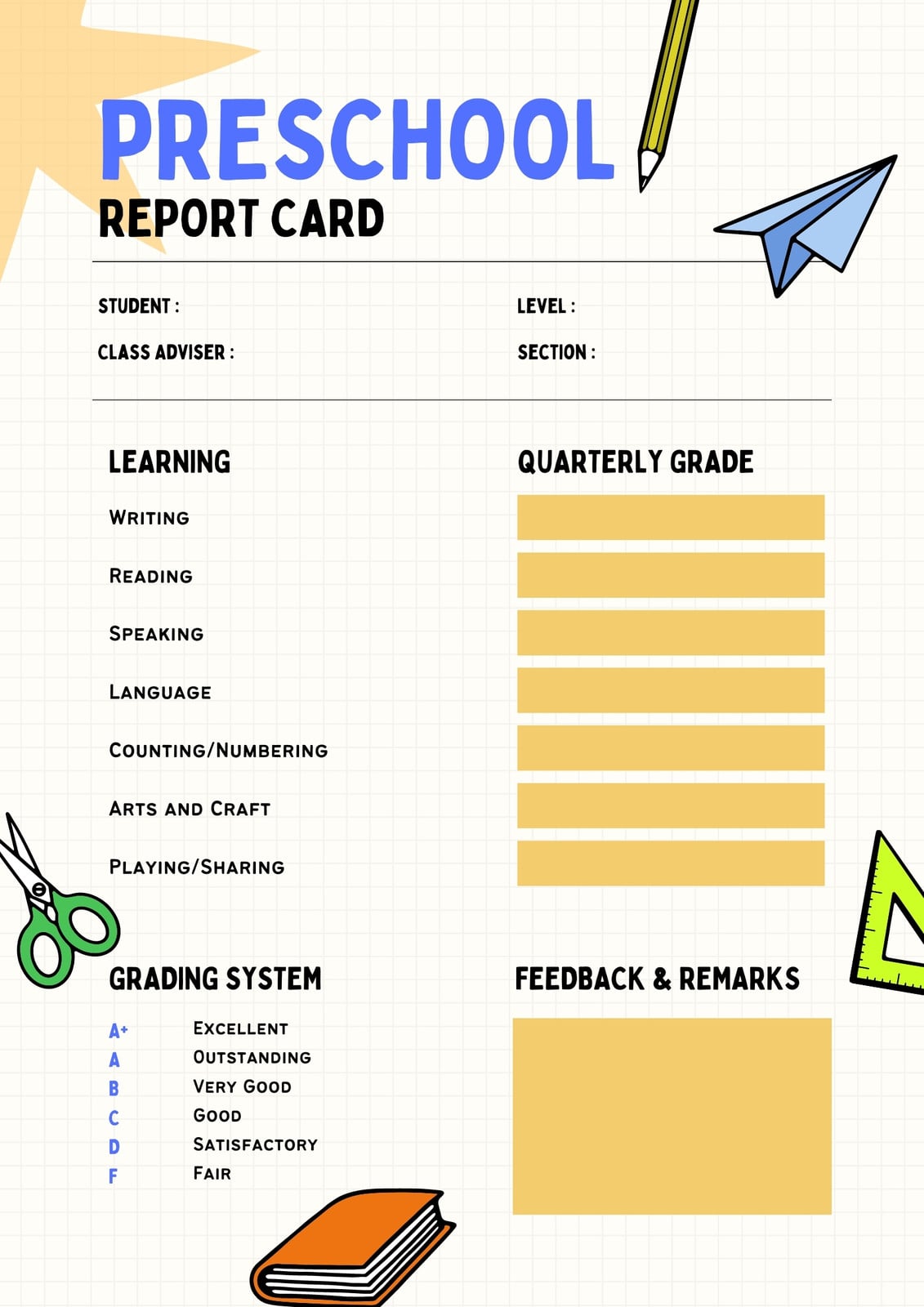 Page 2 - Free custom printable preschool report card templates | Canva