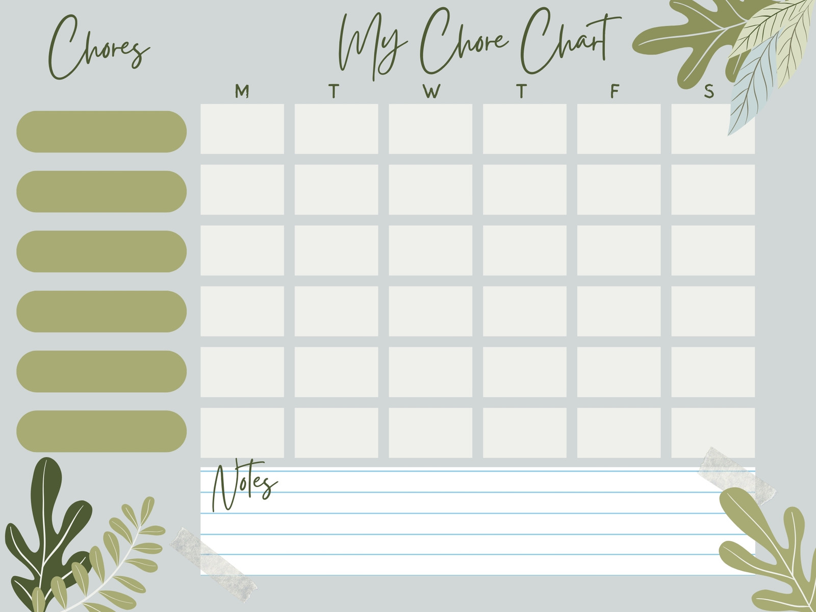 Olive Green Organic Floral Chore Chart