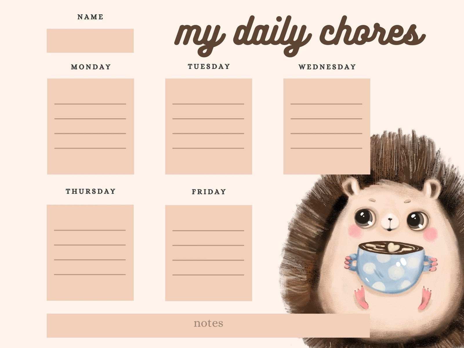 Brown Cartoon Daily Chore Chart