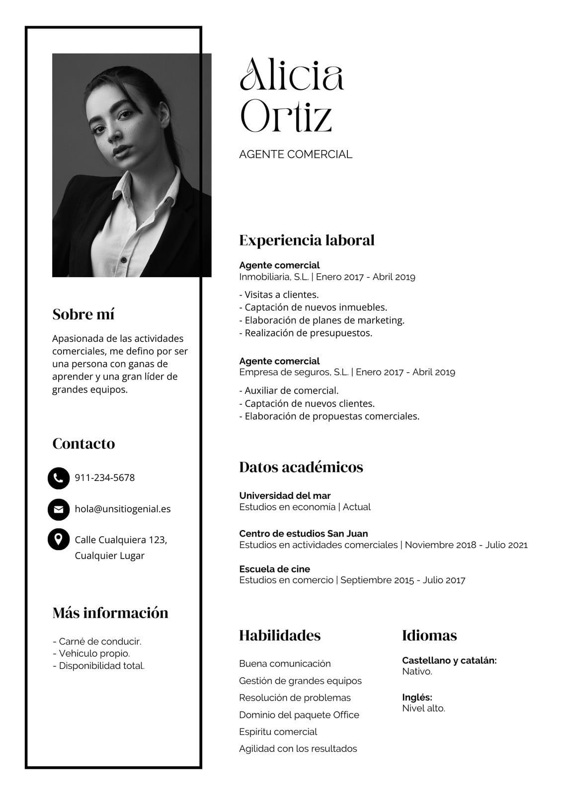 Currículum Agente comercial Profesional Blanco y negro