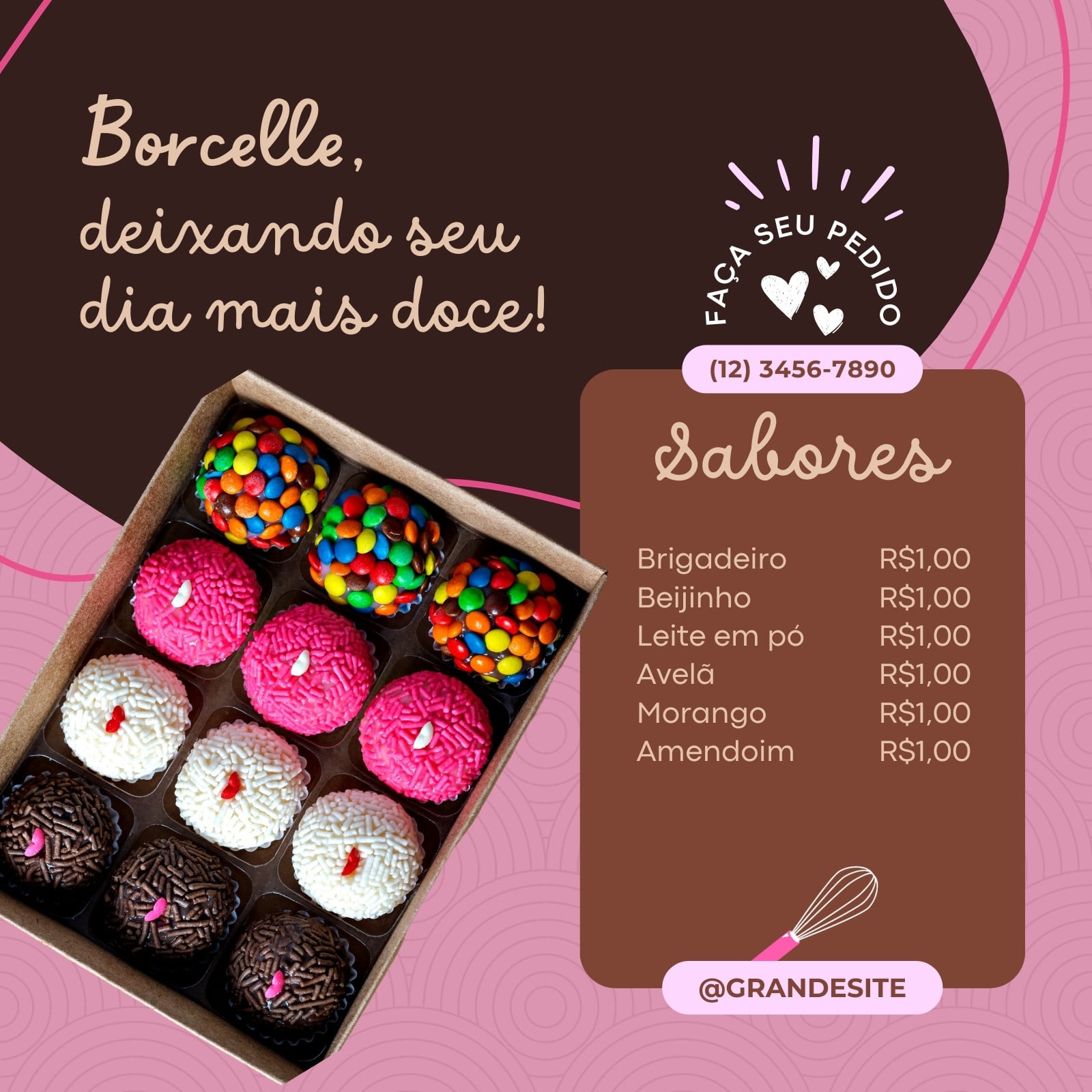 Cardápio de confeitaria bolos e doces rosa e marrom post do instagram