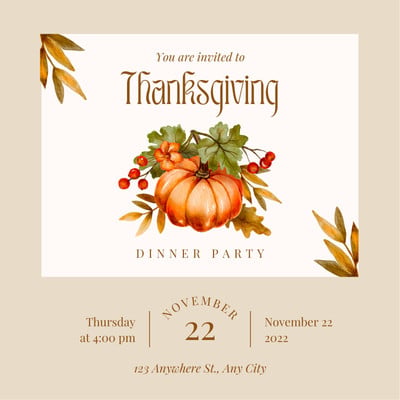 Elegant Aesthetic Pumpkin Thanksgiving Invitation Canva template, beige