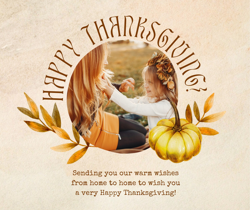 Vintage Elegant Personal Photo Thanksgiving Greeting Facebook Post Canva template, beige