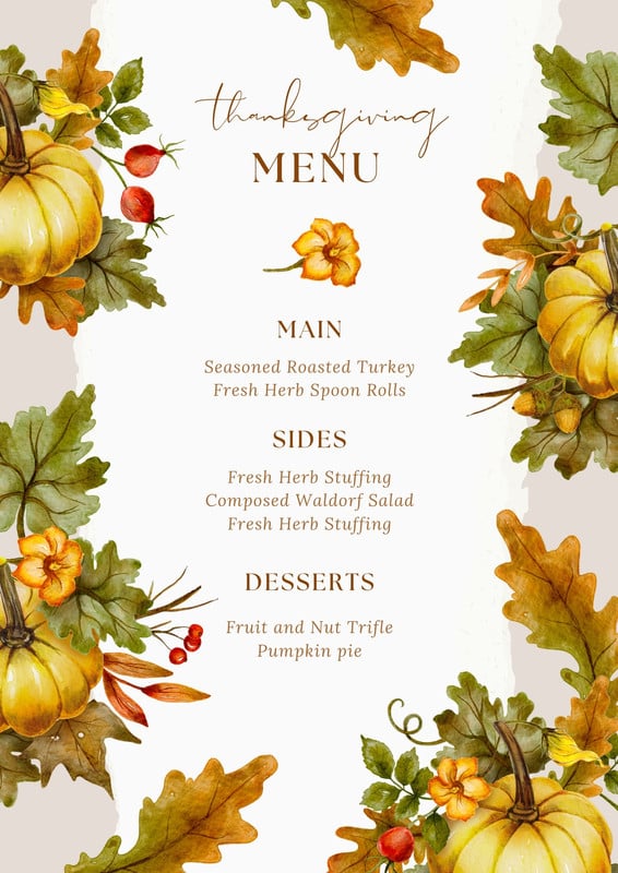 Colorful Modern Illustration Pumpkin Thanksgiving Menu Canva template, yellow