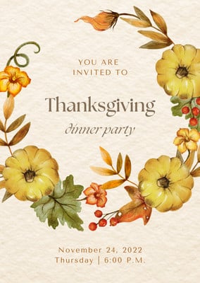 Cute Illustration Pumpkin Thanksgiving Dinner Party Invitation Instagram Post Canva template, beige and orange