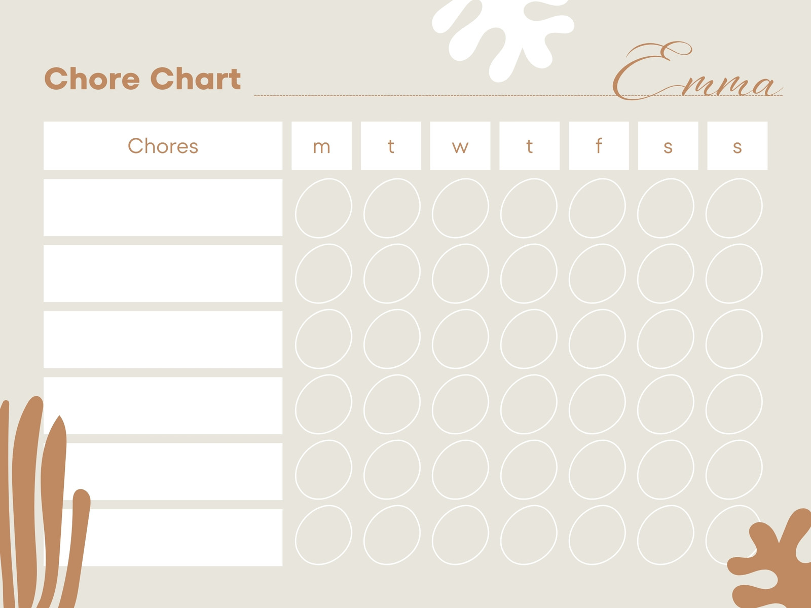 Beige Organic Personal Weekly Chore Chart