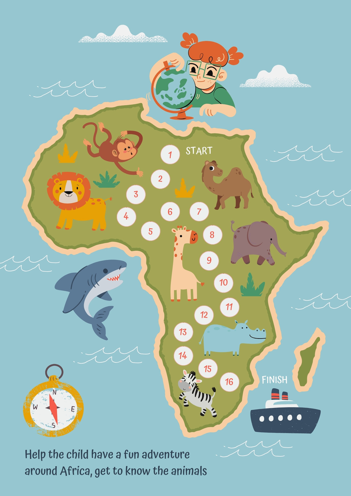Blue Green Childish Africa Adventure Board Game Map Worksheet