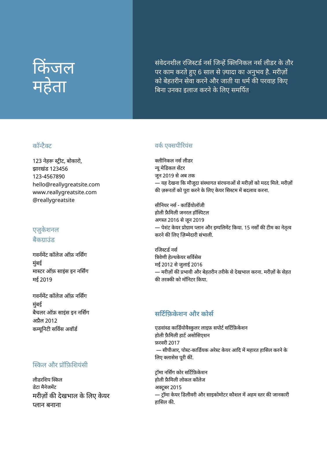 नीला और सफ़ेद कलर ब्लॉक नर्स रेज़्यूमे