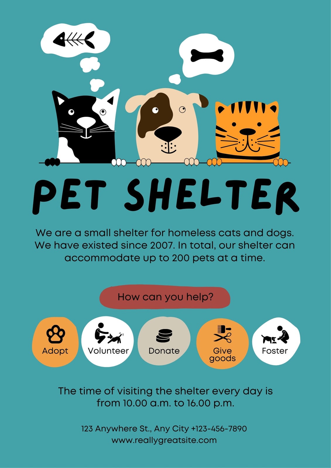 Teal Cartoon Illustrated Pet Shelter Poster
