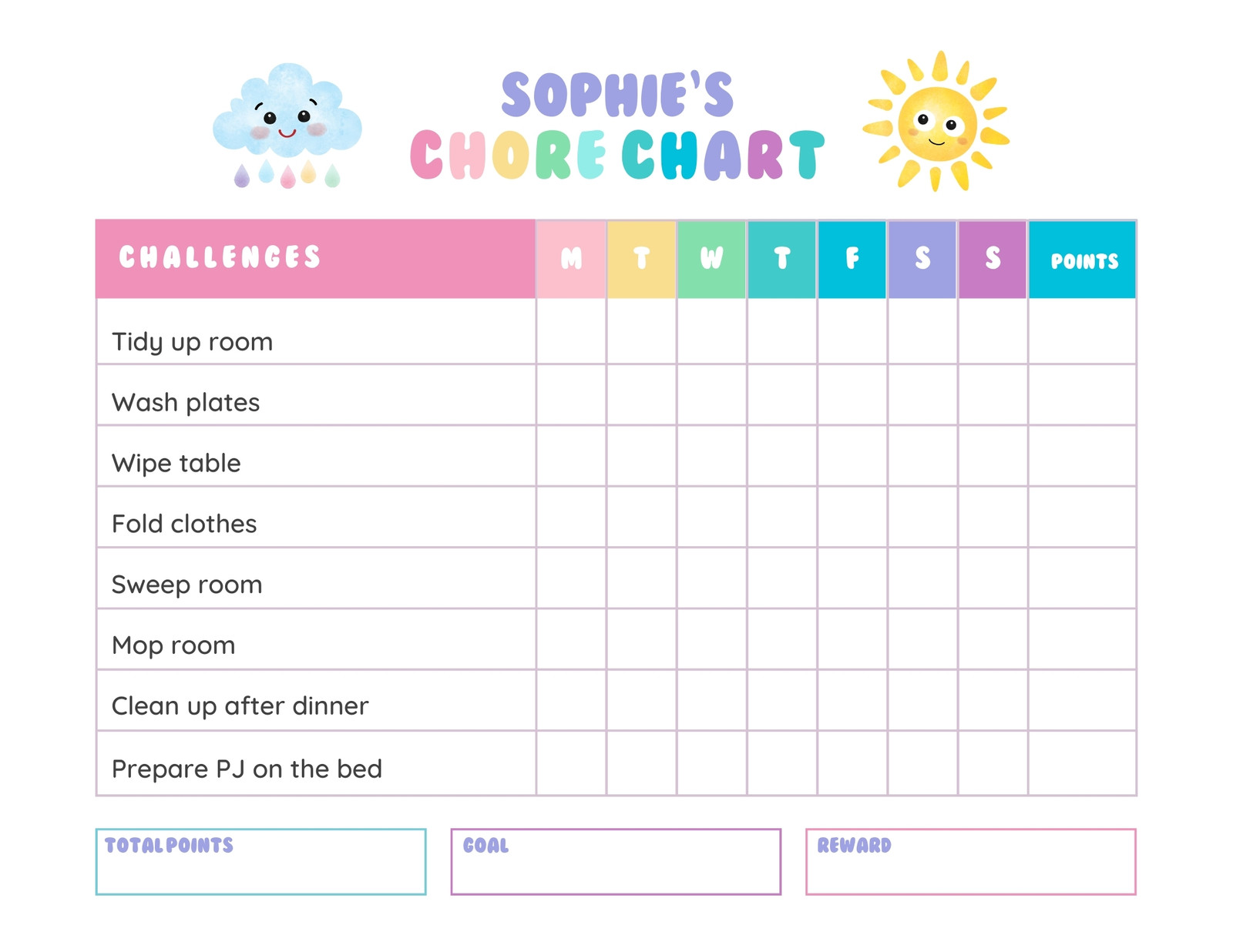 Rainbow Children Chore Chart