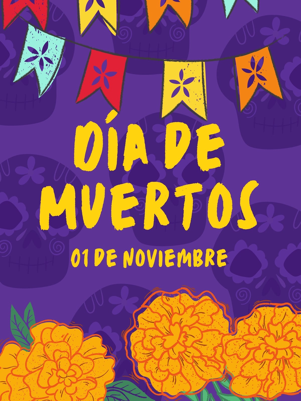 poster día de muertos ilustración colorida morado