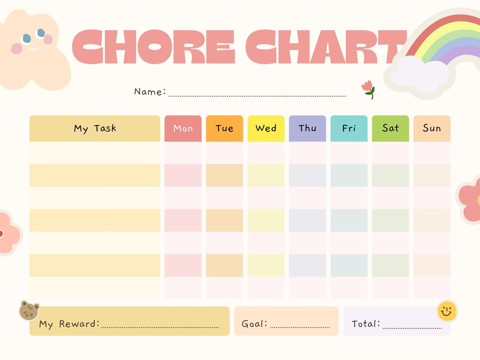 Beige Cute Illustration Weekly Chores Chart