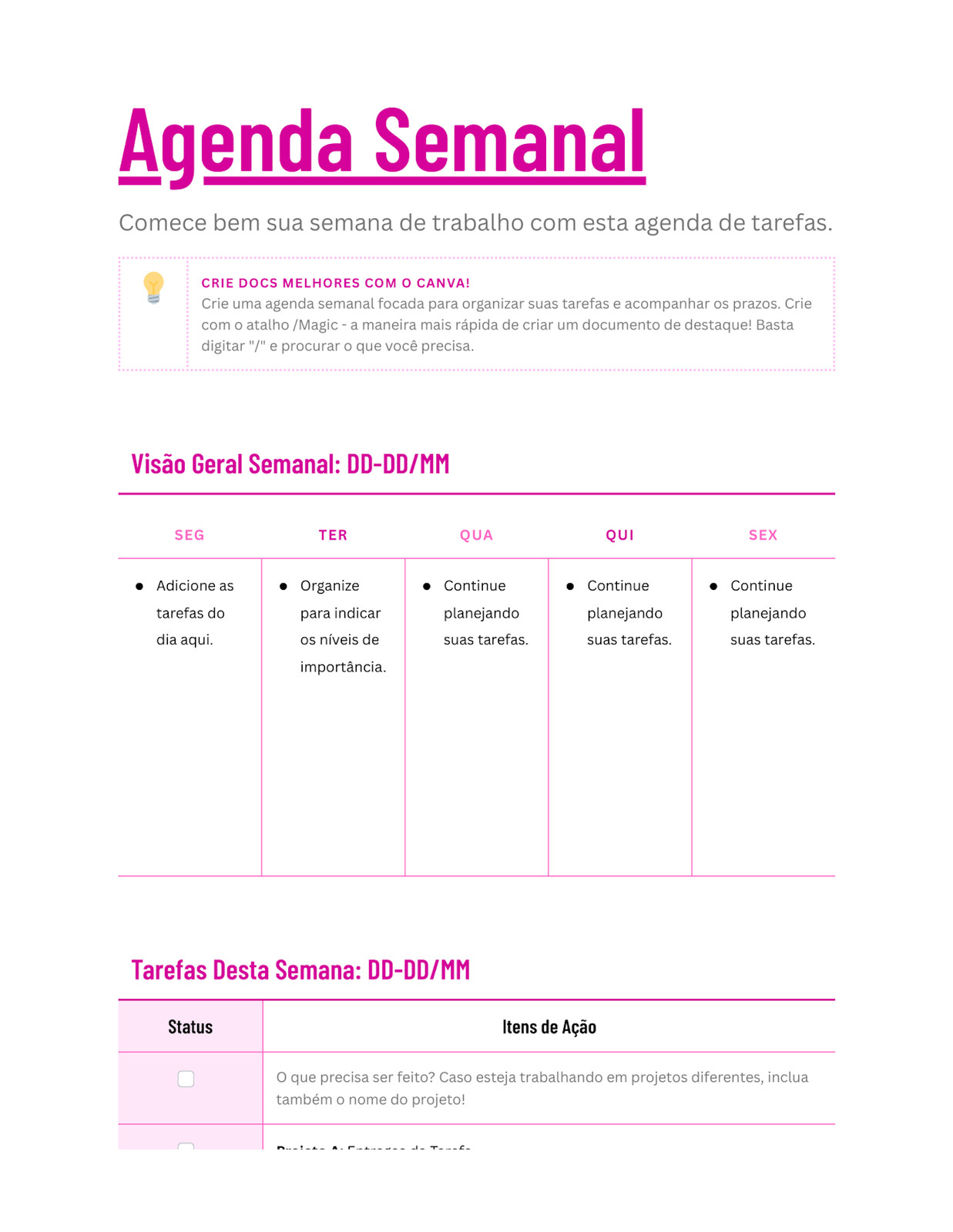 Doc de Agenda Semanal com Estilo Profissional Vibrante em Magenta e Rosa-claro