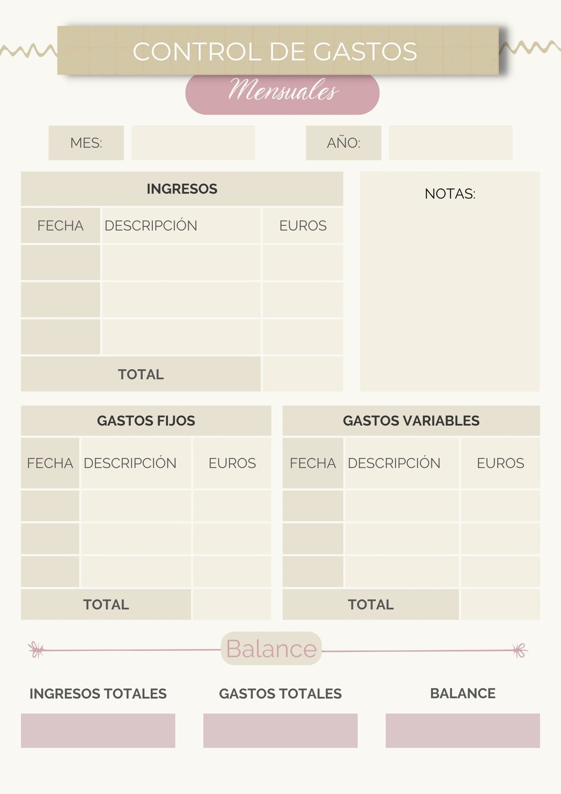 Control de Gastos Mensuales Agenda Estructurado Beige