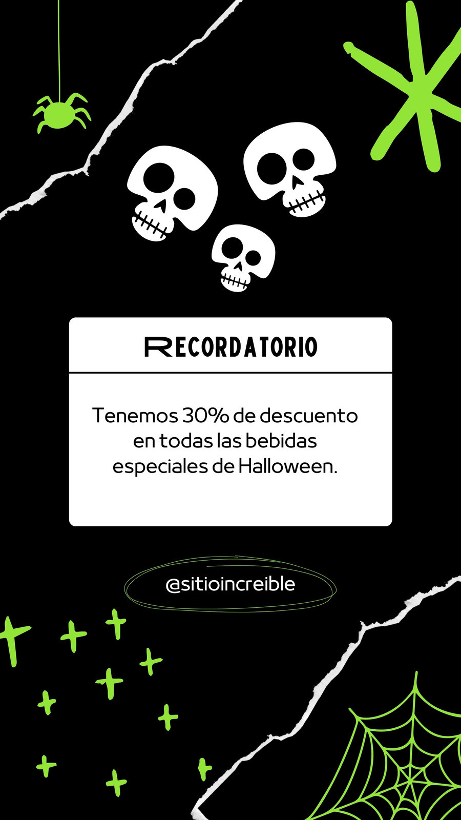 Historia de Instagram Recordatorio Descuentos de Halloween Moderno Oscuro Divertido Negro Verde
